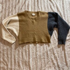 Color block sweater cropped long sleeve v neck top size xl